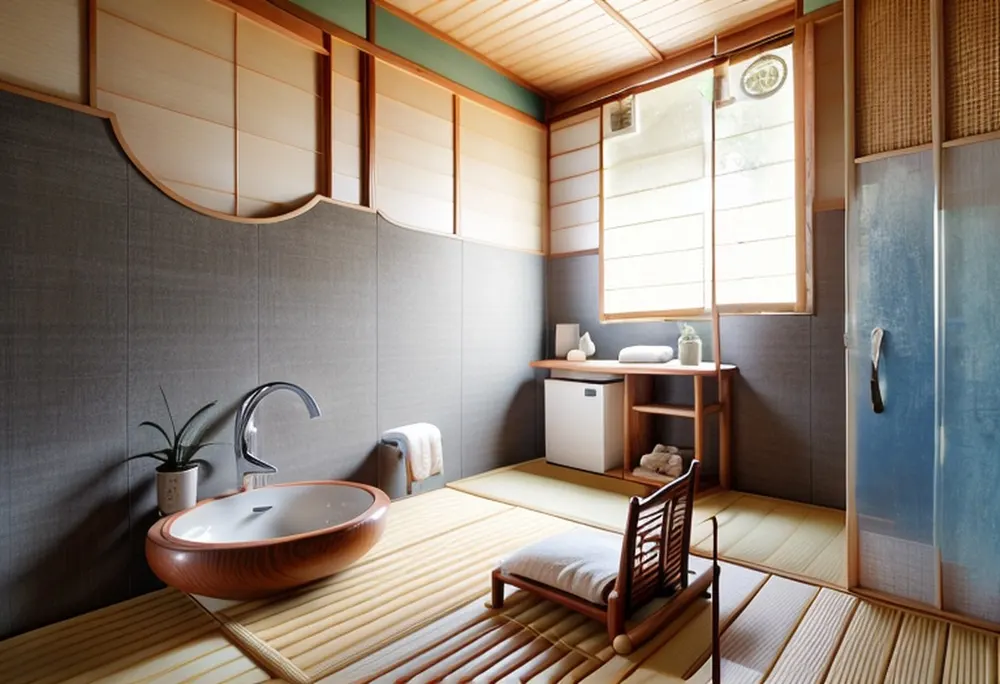 After: a Japanese room with a wood stool and a low table, without a toilet or shower
