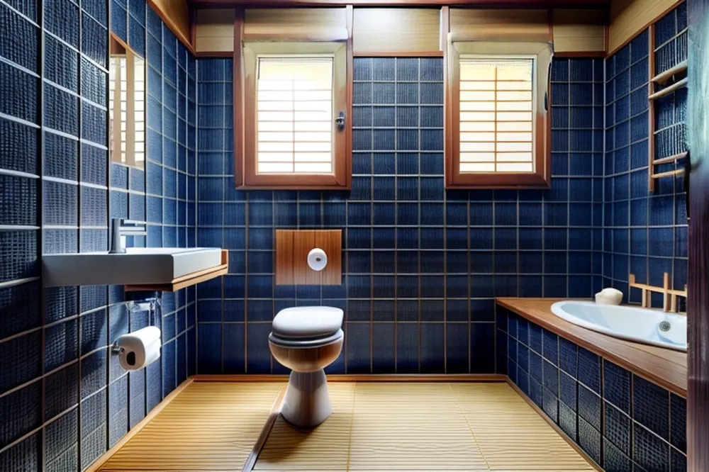 After: the same bathroom with navy tiles, a slatted wood floor, a wood tub surround and wooden window shutters