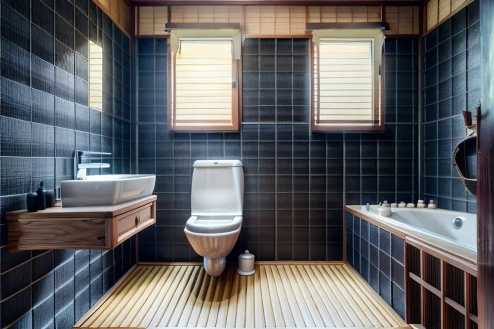 After: a second Japanese version with darker tiles, a vessel sink on a wood shelf and a slatted floor
