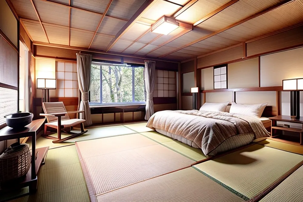 After: the same bedroom with a coffered wood ceiling, shoji panels, tatami and a low bed