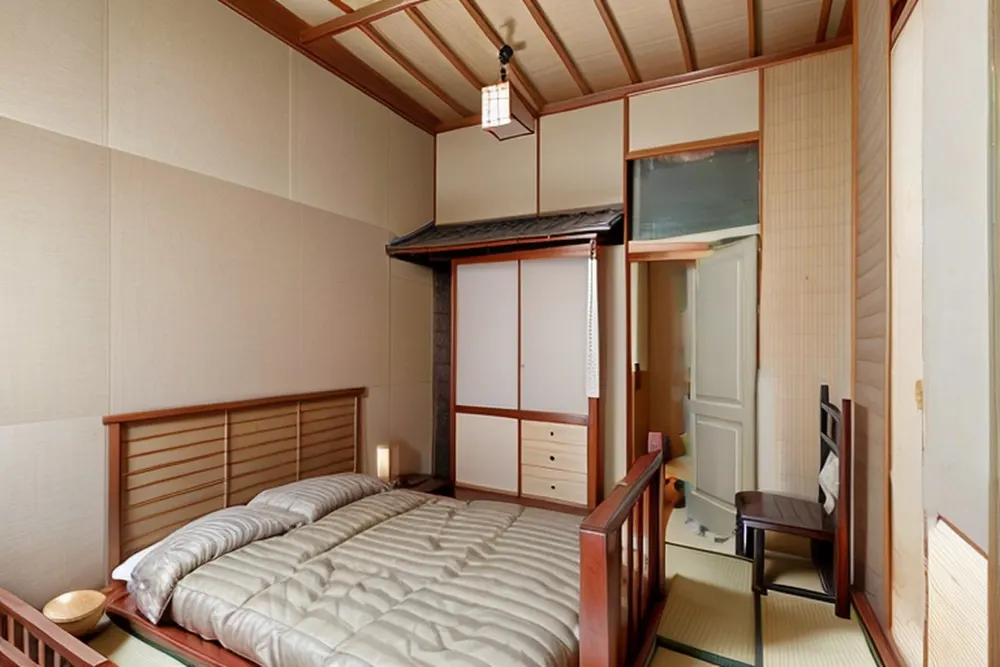 After: the same bedroom with a slatted wood headboard, a shoji cupboard, a beamed ceiling and tatami