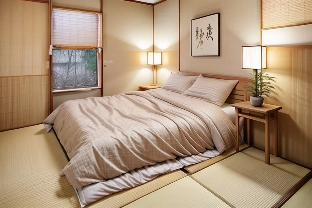 After: the same bedroom in Japanese style with tatami, shoji wall panels, paper lamps and a calligraphy scroll
