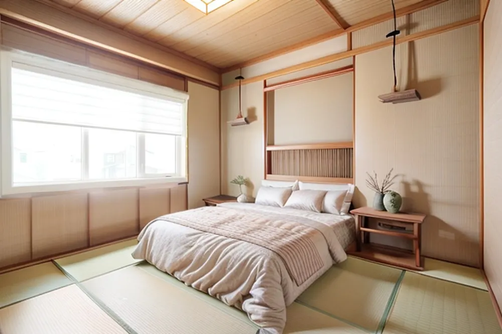 After: the same bedroom with pale wood panels, a slatted headboard wall, tatami and a hanging paper lamp