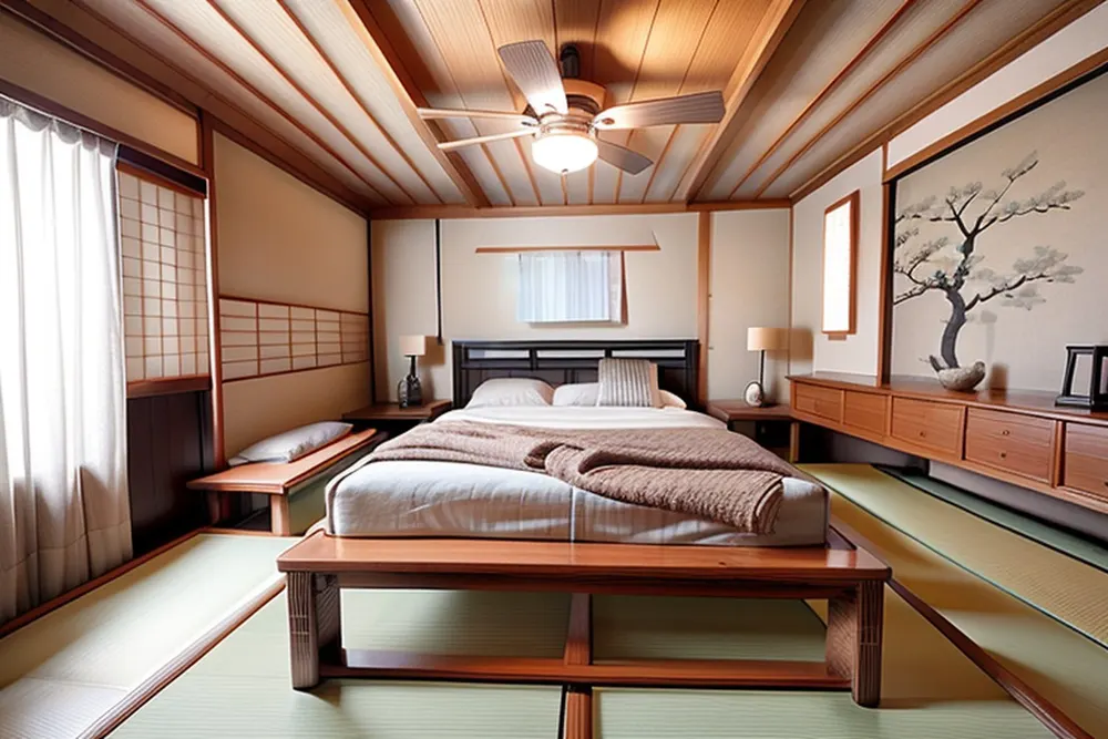 After: the same bedroom with a beamed wood ceiling, tatami and a low bench