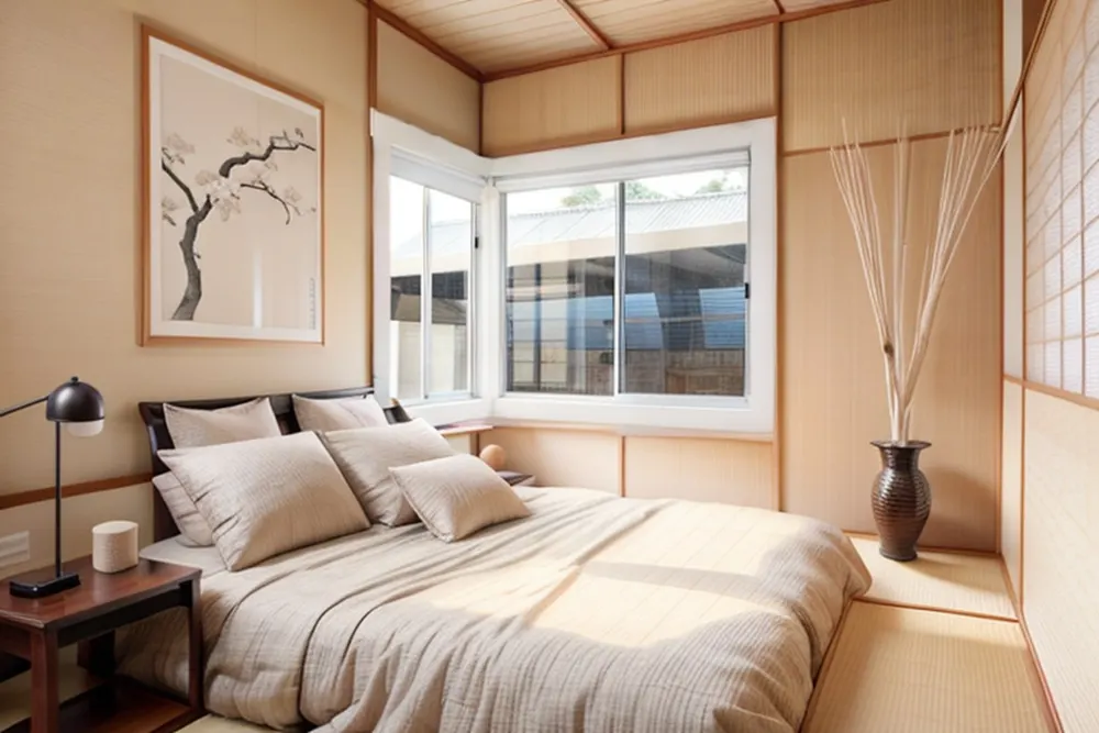 After: the same bedroom with wood-panelled walls, tatami, a low bed and an ink painting of a tree