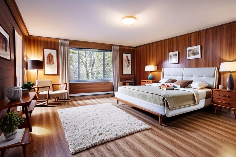 After: the same room in mid-century modern style with walnut wall panels, a white shag rug, a teak bed frame and a wood lounge chair
