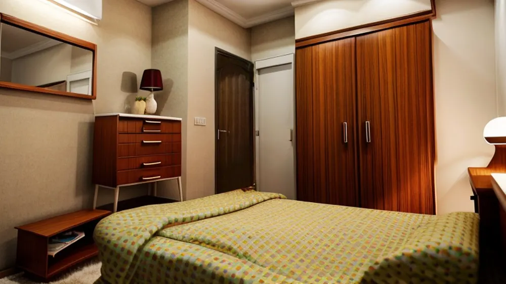 After: the AI version with a teak wardrobe where the window was
