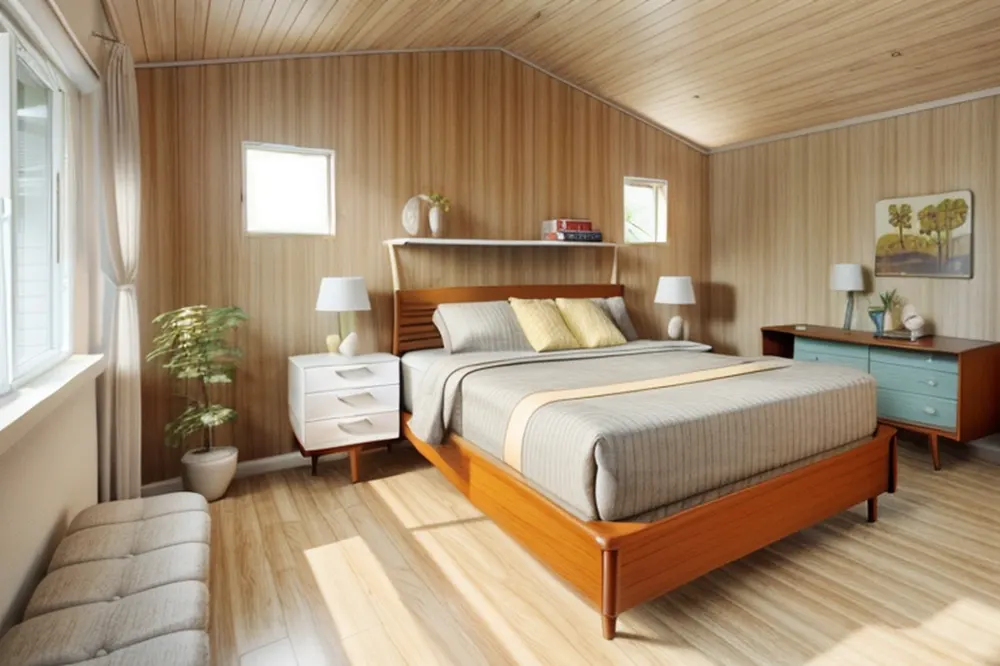 After: the same bedroom in mid-century modern style with pine-panelled walls and ceiling, a teak bed and a teal dresser