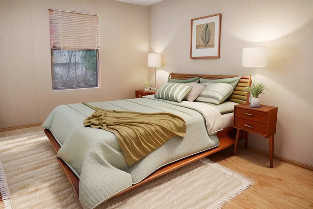After: the same bedroom in mid-century modern style with a teak bed, striped pillows, a mustard throw and a teak nightstand
