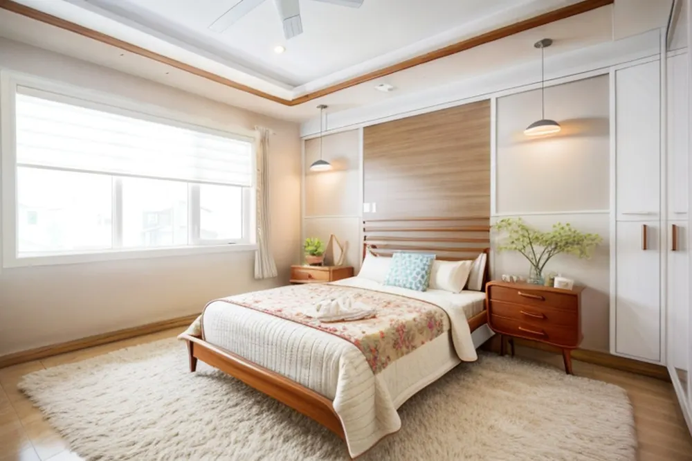After: the same bedroom in mid-century modern style with a walnut slat wall, a teak bed and a teak nightstand on tapered legs