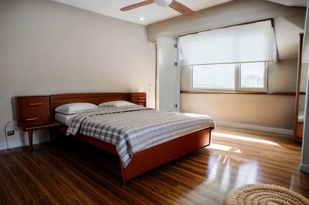 After: the same bedroom in mid-century modern style with a teak bed and headboard with drawers, a plaid blanket and a jute pouf
