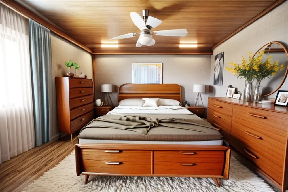 After: the same bedroom with a teak storage bed and dresser and a wood ceiling