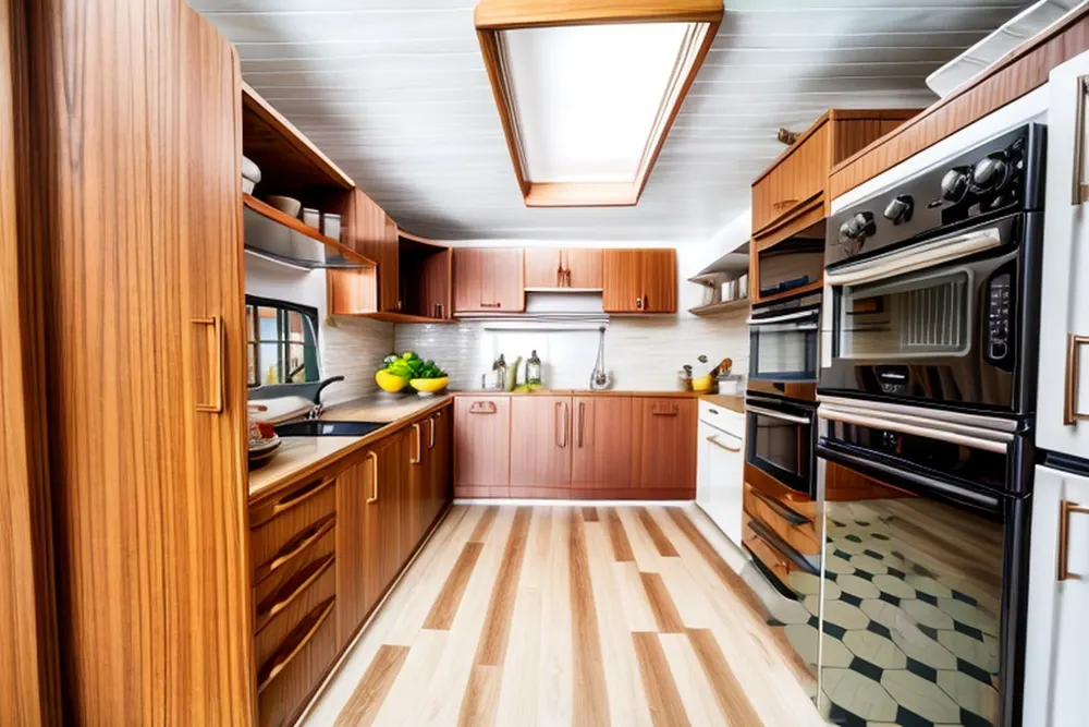 After: the same kitchen with flat teak cabinets and a light striped wood floor