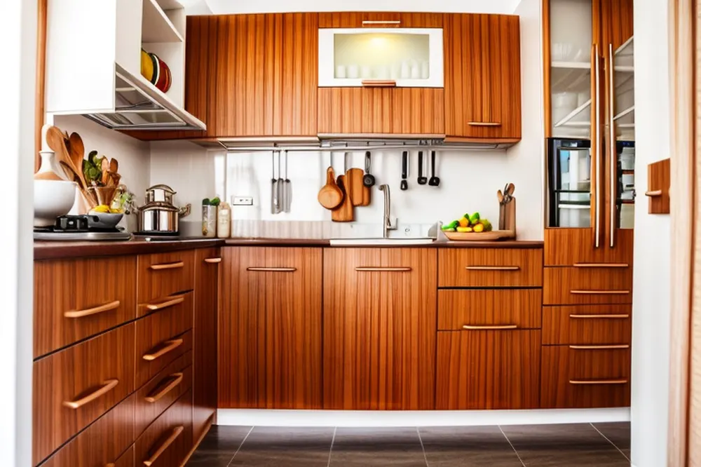 After: the same kitchen with flat teak doors, long bar handles, a white backsplash and a utensil rail