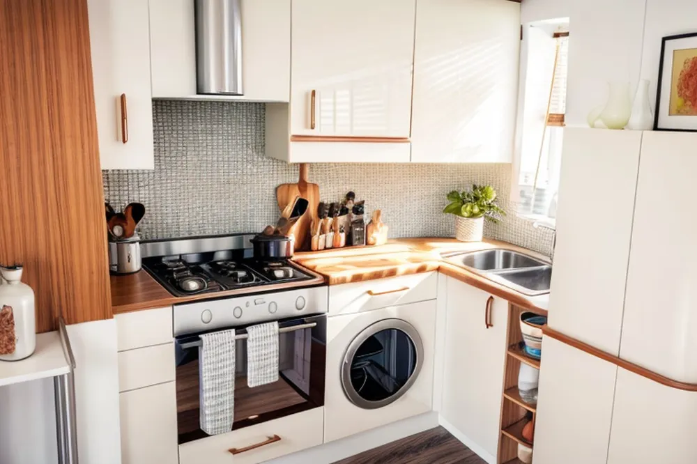 After: the same small kitchen with a teak end panel, teak pulls and a range hood, with the white doors kept
