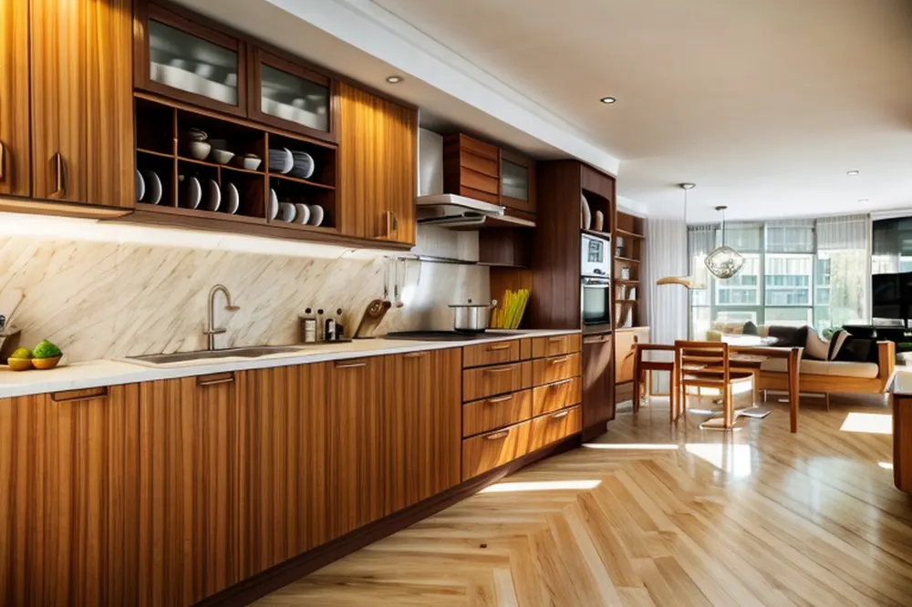 After: the same kitchen with vertical-grain teak doors, open shelves and a herringbone floor