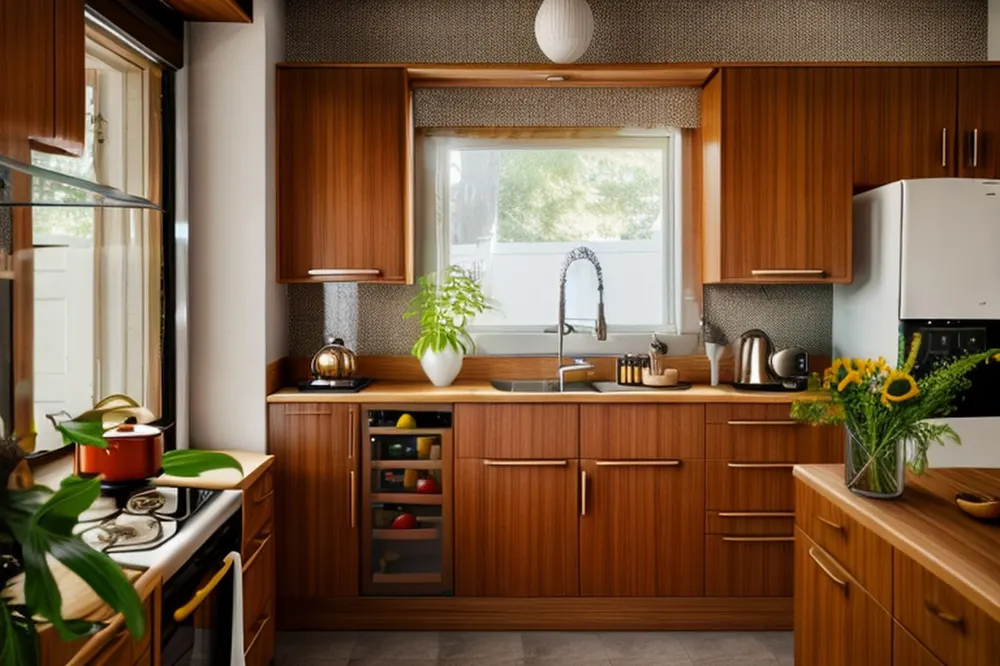 After: the same kitchen in mid-century modern style with flat teak doors, a wine fridge and a globe pendant
