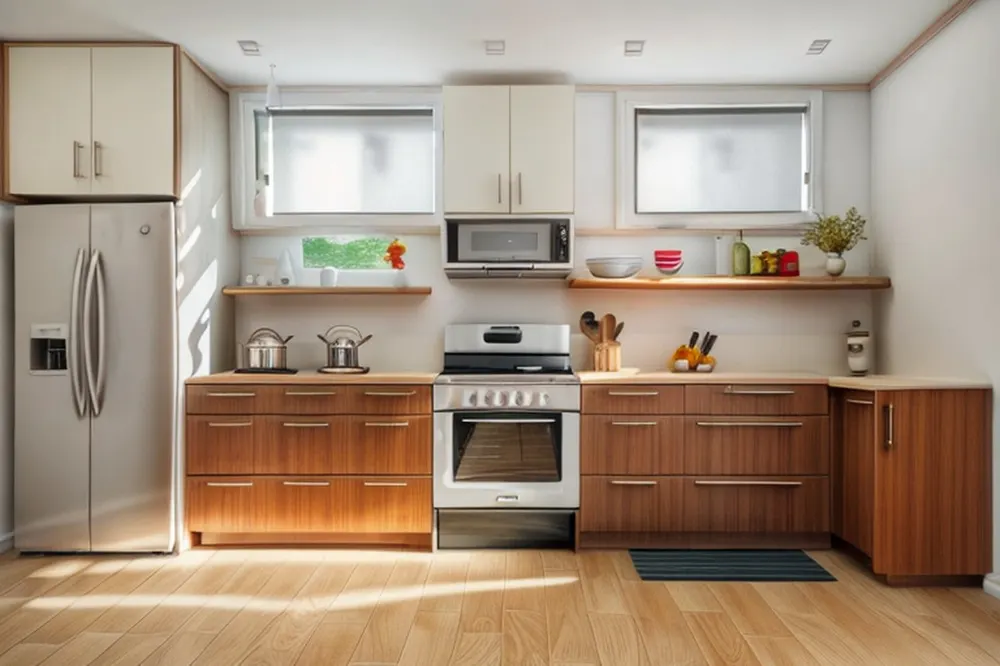 After: the same kitchen with teak lower cabinets, white uppers and an open wood shelf