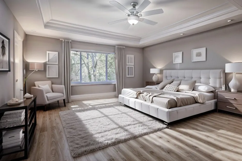 After: the same bedroom in minimalist style with pale grey walls, a plain shag rug and simpler wall art