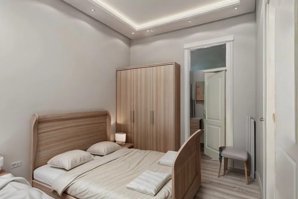 After: the same bedroom in minimalist style with a light oak bed and a plain wardrobe