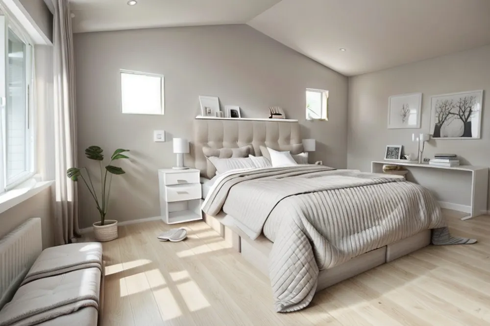 After: the same bedroom in minimalist style with warm grey walls, plain bedding, a narrow shelf above the bed and the plant