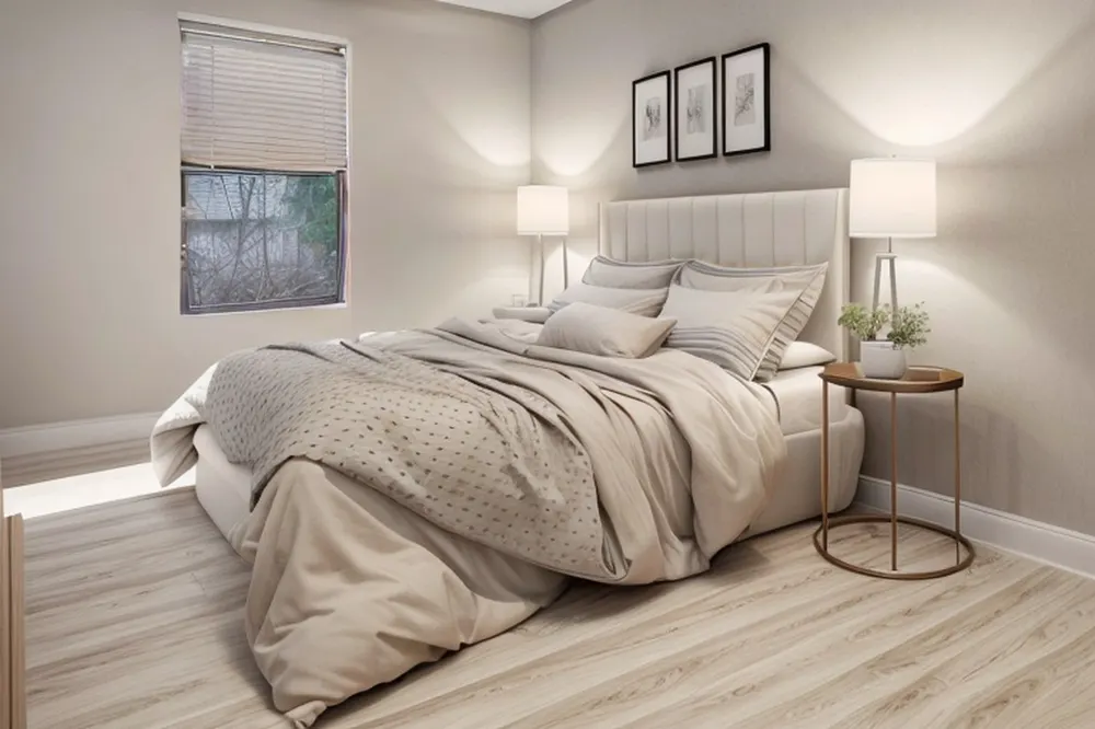 After: the same bedroom in minimalist style with layered beige linen bedding, an upholstered headboard and a pale wood floor