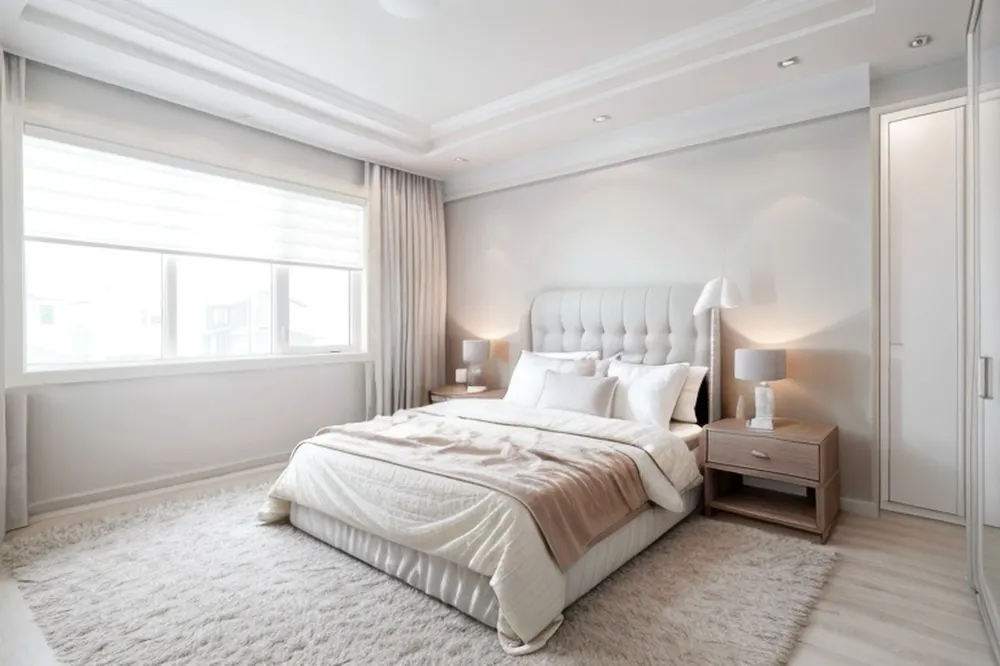 After: the same bedroom in minimalist style with plain walls, a cream tufted bed, sheer curtains and a thick cream rug