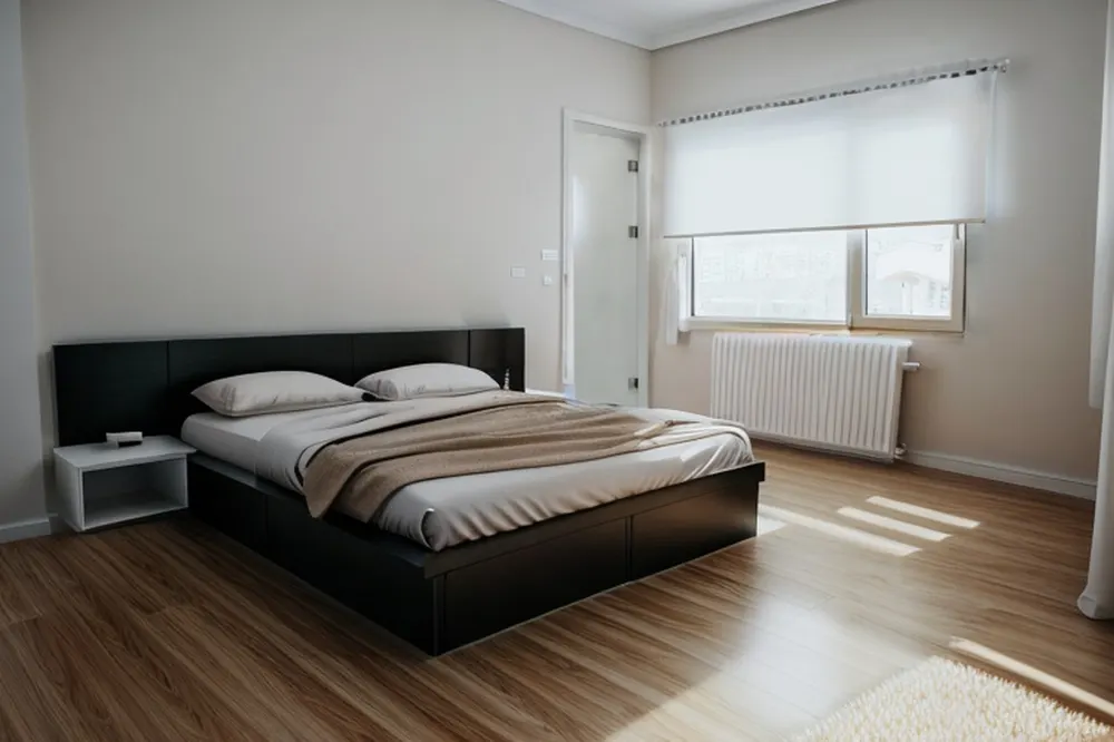 After: the minimalist version with the same black bed, lighter bedding and an added radiator under the window