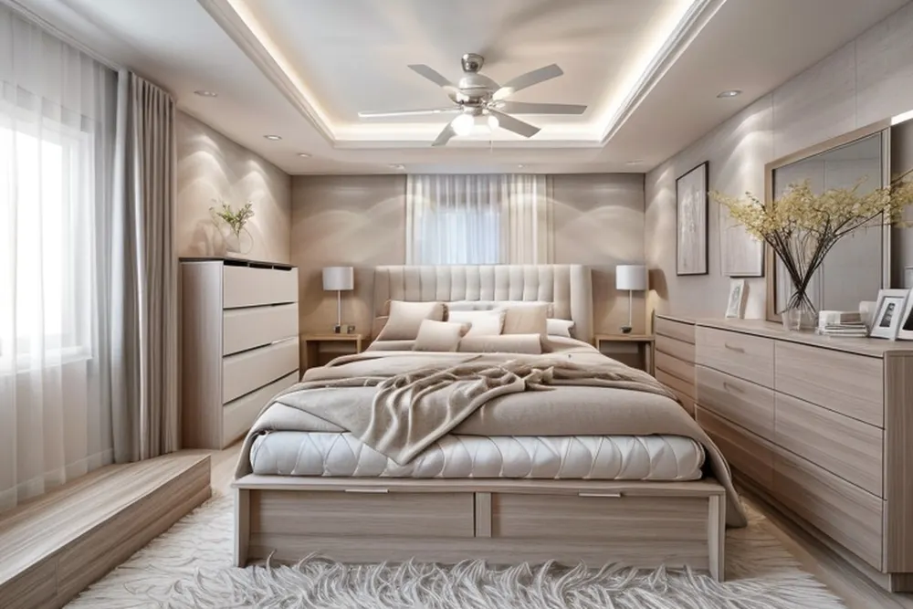 After: the same bedroom in minimalist style with a white chest of drawers, a plain storage bed, beige walls and cove lighting
