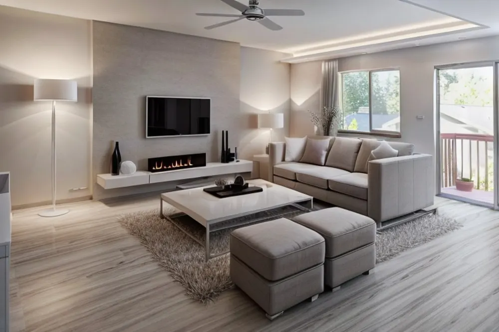 After: the minimalist version, where the stone fireplace became a plain TV wall with a slim fire