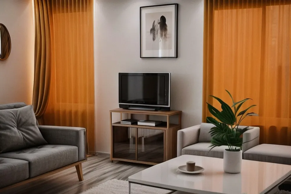 After: the minimalist version with grey sofas and a white table, but the same orange curtains