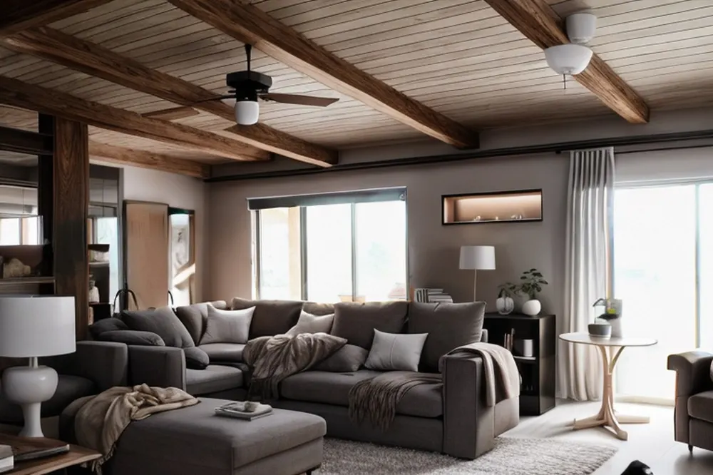 After: the same room in minimalist style with a grey sectional, plain walls and lighter beams