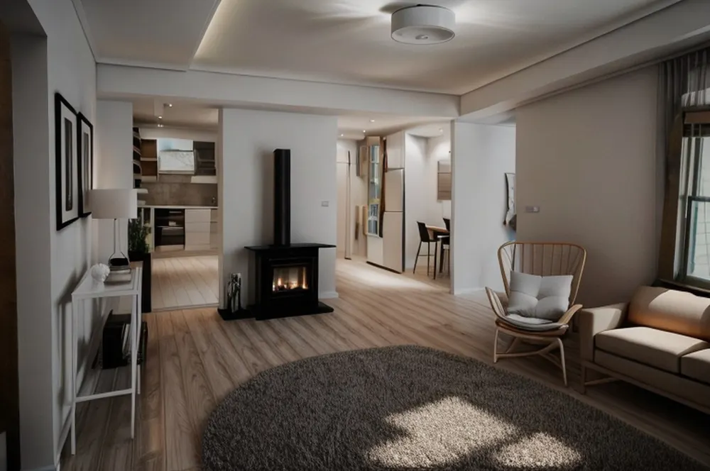 After: the same room in minimalist style with a slim black stove, a rattan chair and a dark round rug