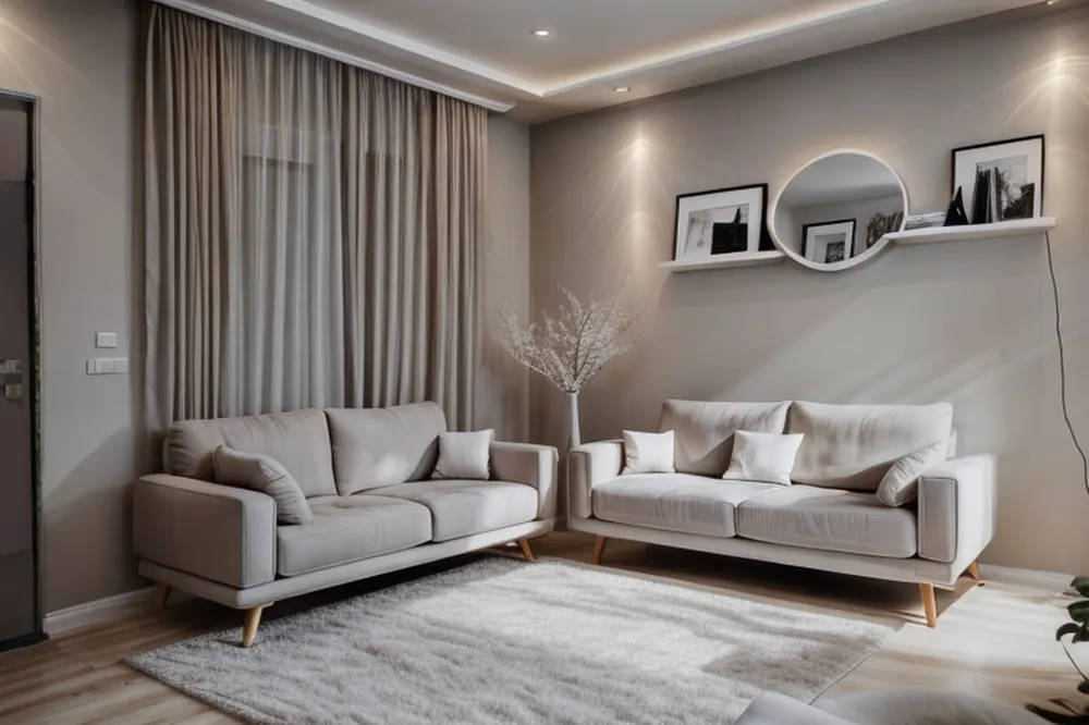 After: the same room in minimalist style with grey sofas and one simple shelf