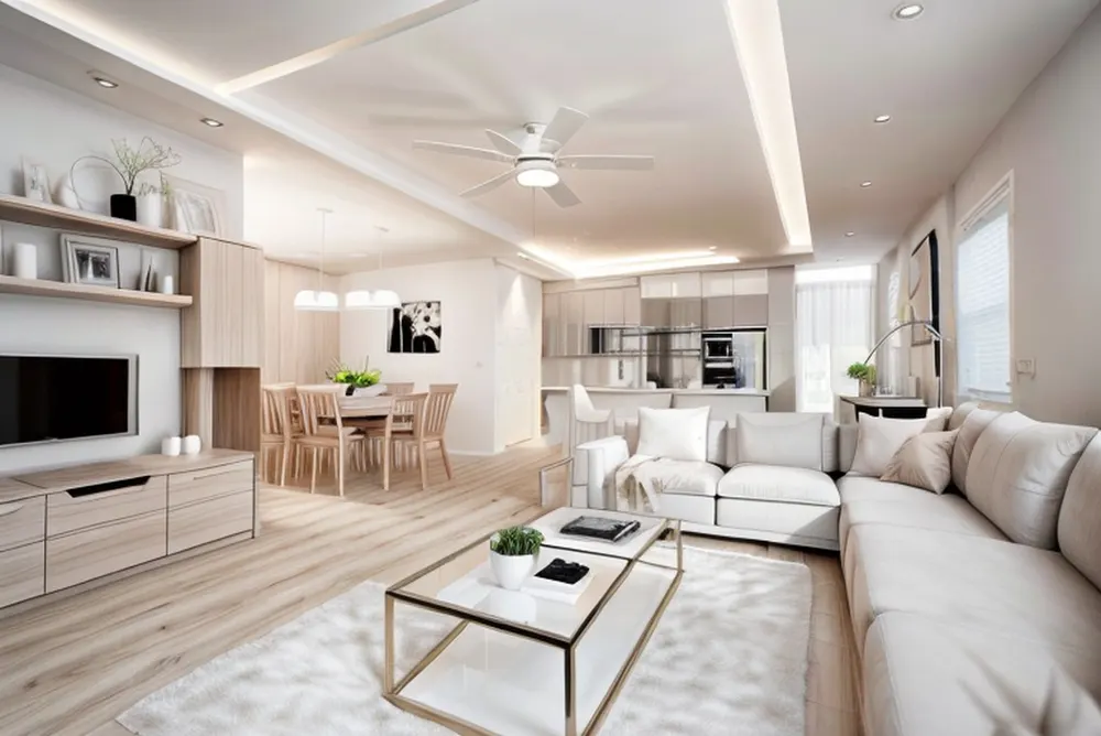 After: the same room in minimalist style with a low white built-in, cove lighting and a pale floor