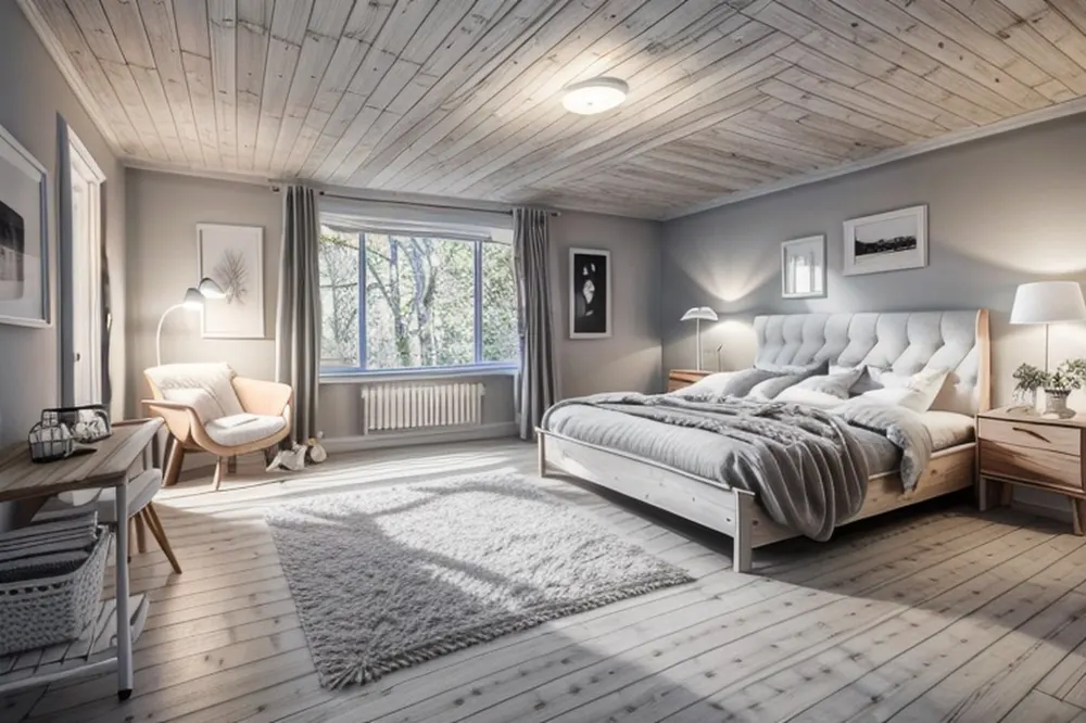 After: the same bedroom with light grey walls, a whitewashed floor, a pale plank ceiling and a shag rug