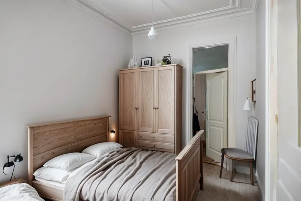 After: the same bedroom with a pale oak bed and wardrobe