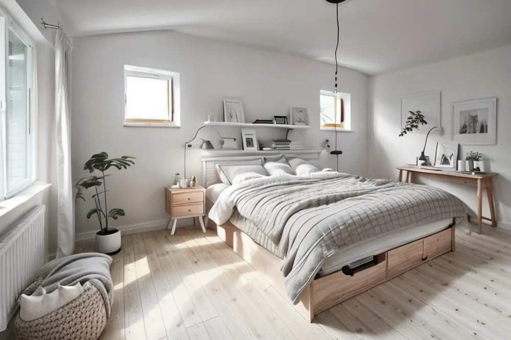 After: the same bedroom with white walls, a birch storage bed, a plaid duvet and a narrow shelf