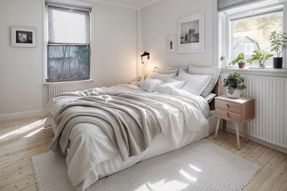 After: the Scandinavian version with white bedding and a second window that the real room does not have