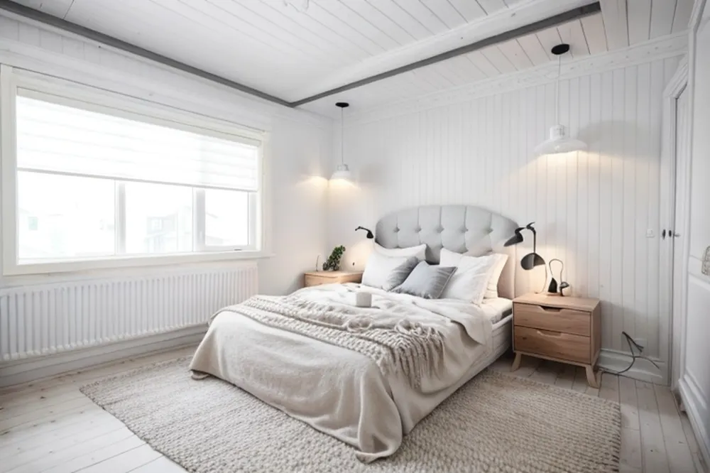 After: the same bedroom with white board walls, a light upholstered bed, birch nightstands and wall lamps