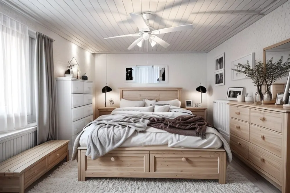 After: the same bedroom with a whitewashed plank ceiling, a pale wood bed and dresser and a storage bench