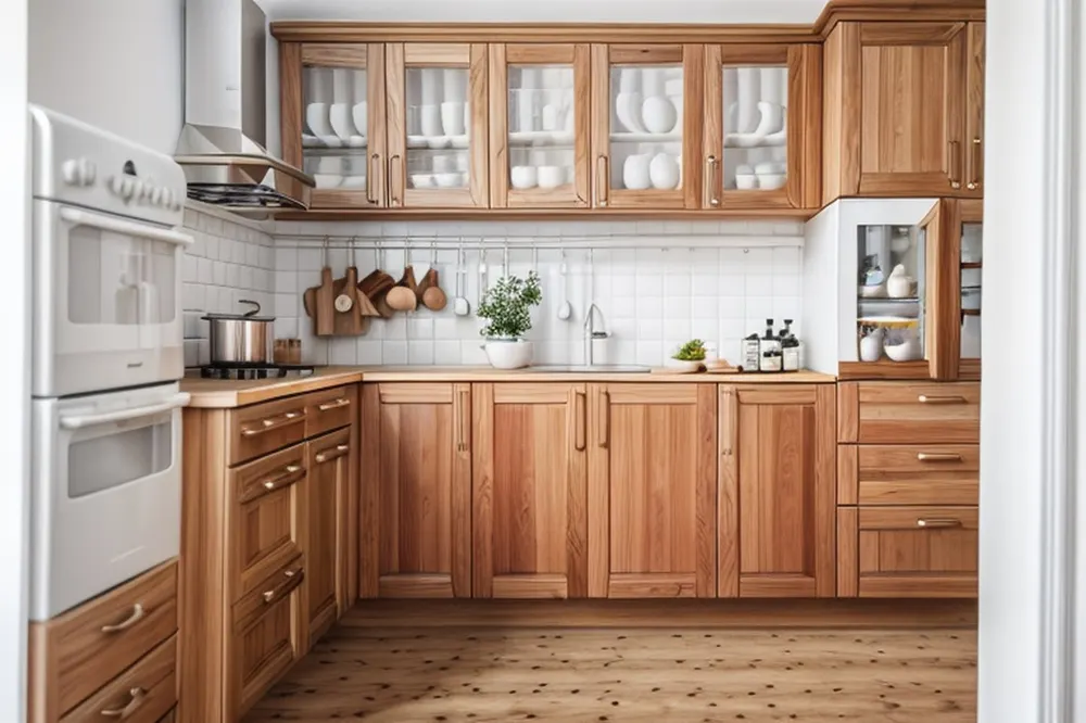 After: the same kitchen with oak cabinets, glass-front uppers and white tile