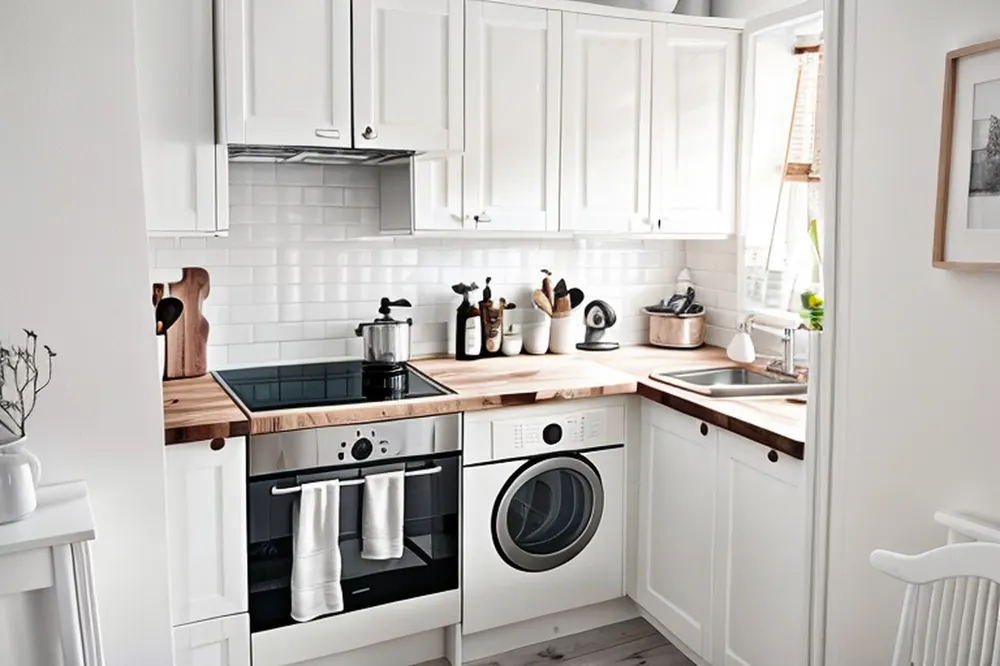 After: the same kitchen with white subway tile, a clear counter and the white cabinets kept