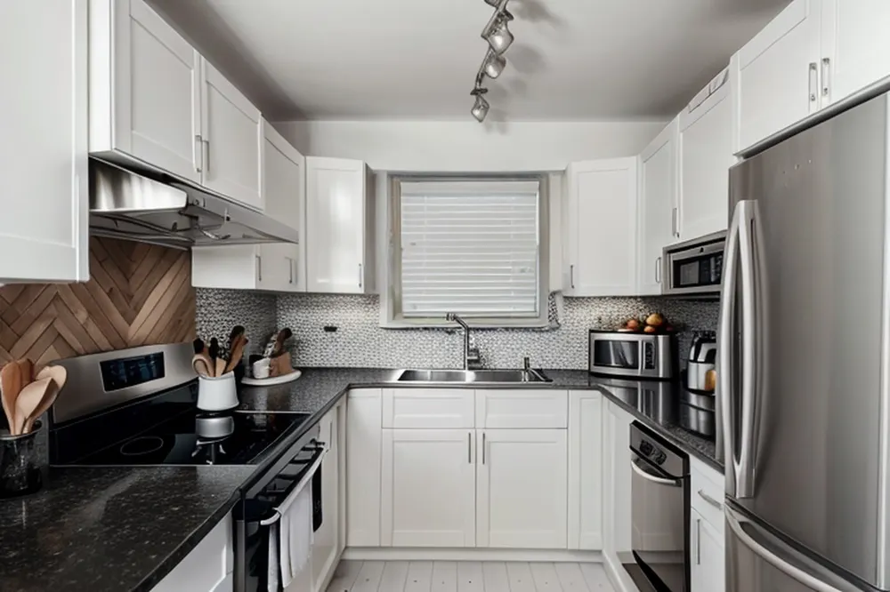 After: the Scandinavian version with the same dark counters and mosaic and an added wood panel