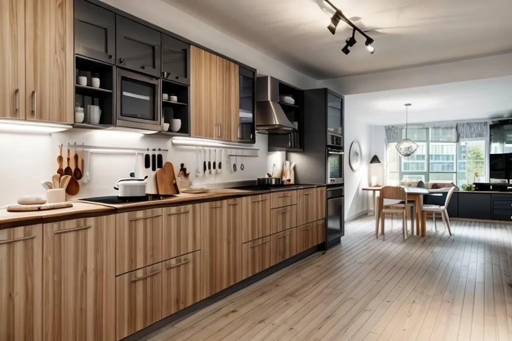 After: the same kitchen in Scandinavian style with light oak doors, a white backsplash and track lights