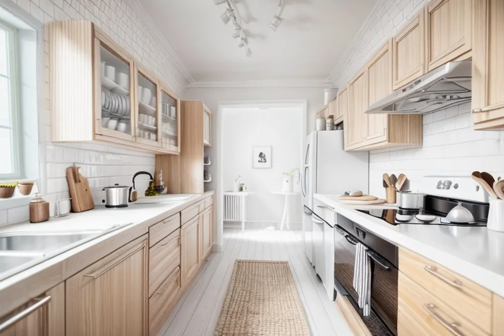 After: the same galley kitchen with pale oak cabinets and white brick tile