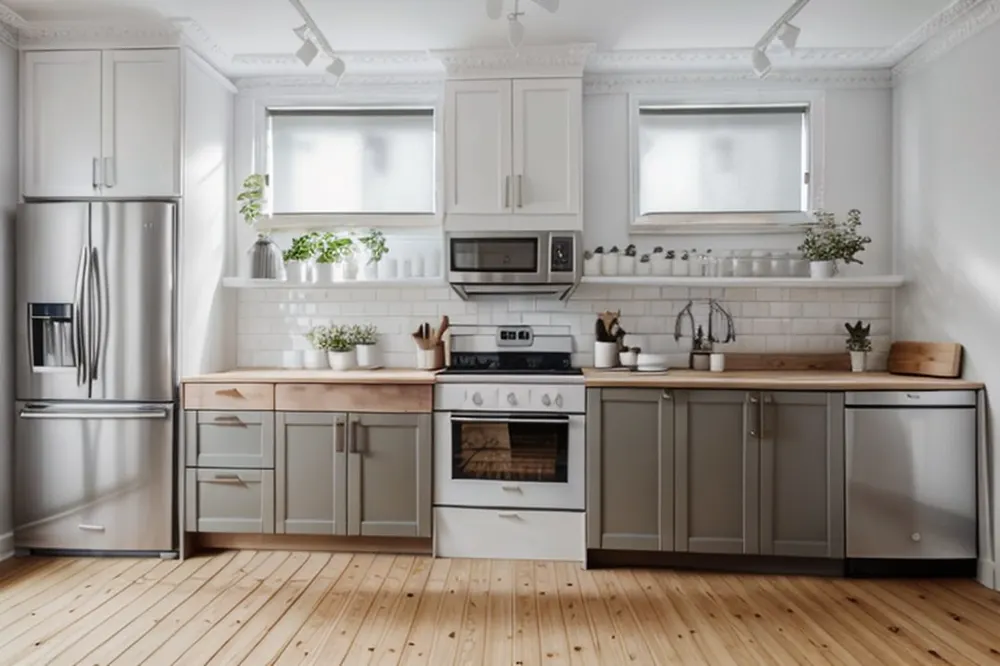 After: the same kitchen with white subway tile, plants on the shelf and a lighter floor
