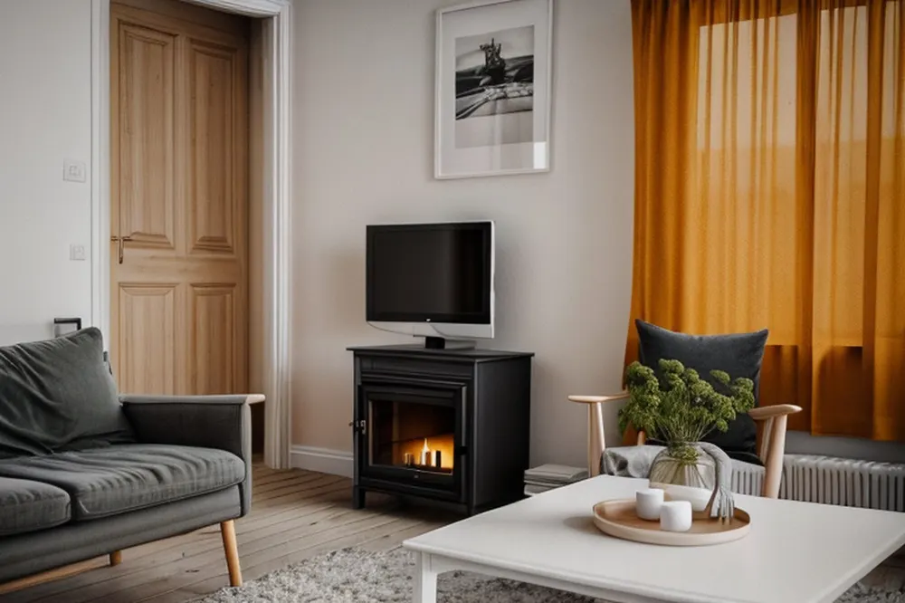 After: the Scandinavian version, with a wood stove and a wooden door where one curtained window was
