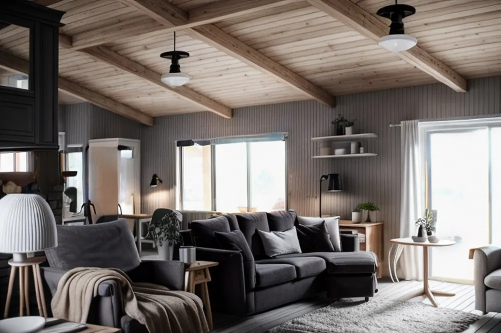 After: the same room with whitewashed beams, a grey sectional, a throw and white shelves with plants