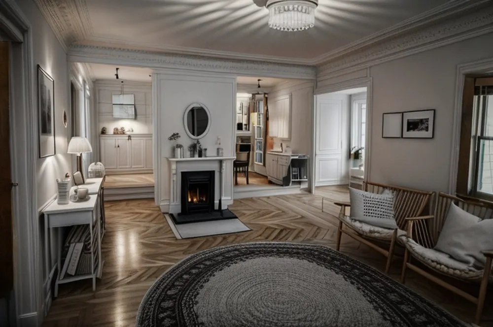 After: the same room with a herringbone floor, wood-framed armchairs and a white mantel fireplace